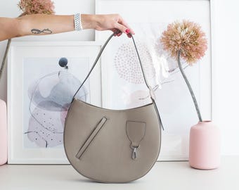 Taupe Leather Shoulder Bag – Small Crossbody Purse with Pockets for Everyday Use