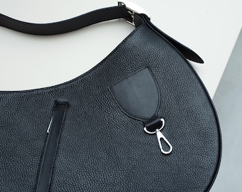 Black Leather Shoulder Bag — Half Moon Purse with Lining and Zip Pocket, Structured Everyday Handbag, Minimal Hobo Style Bag