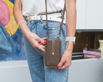Brown Real Leather Phone Bag — Crossbody Phone Case with Card Slots, Adjustable Strap, Small Wallet Pouch for Everyday Use