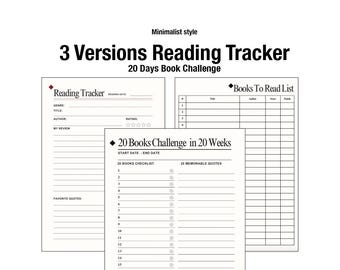 May include: Printable reading tracker with three different versions: a reading log, a book checklist, and a to-read list. The tracker is designed for a 20-week book challenge and includes space for rating, genre, author, and favorite quotes.