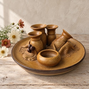 May include: A set of brown speckled ceramic vessels arranged on a matching circular tray. The collection includes three upright vases, one small bowl, and a sculptural piece with a textured base and three dark brown spherical accents on the side.