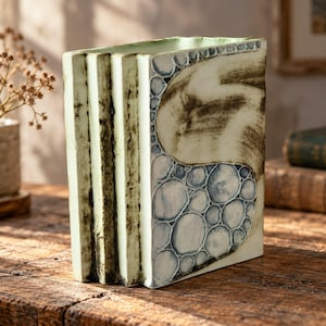 May include: A rectangular ceramic vase with a pale green base color. The side features vertical ridges with dark green textured accents. The front panel displays a decorative pattern of overlapping circular shapes in blue and gray tones.