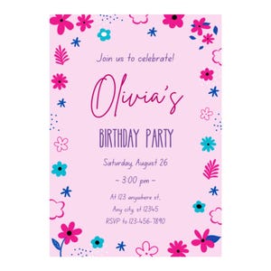 Modèle d'invitation d'anniversaire de fille. Carte d'invitation d'anniversaire rose Invitation florale girly sur toile.