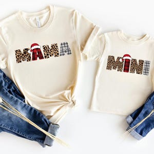 Mama and Mini Matching Christmas Shirts – Leopard and Plaid Print Holiday T-Shirts, Cute Mommy and Me Christmas Outfits with Santa Hat