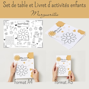 Livret d'activités enfants baptême + set de table, thème Marguerite, papeterie de baptême, animation de baptême pour enfants