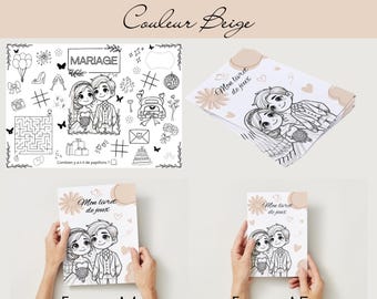 Könnte beinhalten: Ein beiges Kinder-Aktivitätsset mit einer Malunterlage mit Hochzeitsillustrationen und Aktivitätsbüchern in den Formaten A4 und A5. Das Set enthält den Text "Set de table et Livret d'activités enfants" und "Couleur Beige".