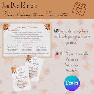 Customizable 12-month wedding game on a country theme in terracotta, wedding stationery
