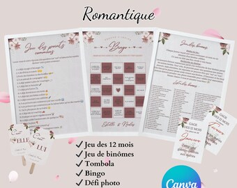 May include: A set of printable game cards for a romantic couples' game night. The cards feature a pink and white floral design with the text "Pack 7 Jeux Romantique". The games include "Jeu des 12 mois", "Jeu de binômes", "Tombola", "Bingo", "Défi photo", "Elle/Lui", and "Jeu des points communs".