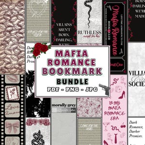 Puede incluir: Una colección digital de marcapáginas con temática de romance mafioso que presenta varios diseños en tonos negro, blanco y rosa. Los gráficos incluyen serpientes, rosas, pistolas, tiras de película y el texto Mafia Romance Bookmark Bundle.