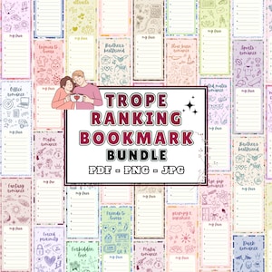 May include: A bundle of colorful bookmarks with various romance tropes, including "Enemies to Lovers" and "Mafia Romance." Each bookmark features a list and decorative illustrations. The central text reads "Trope Ranking Bookmark Bundle."