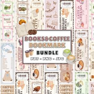Puede incluir: Colección de marcapáginas ilustrados con temas de café y libros. La imagen central dice "BOOKS & COFFEE BOOKMARK BUNDLE PDF - PNG - JPG". Otros marcapáginas presentan bebidas de café, pasteles y texto como "Latte & Literary Escape".