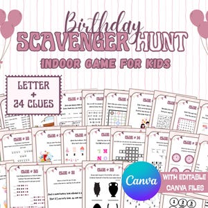 Juego de búsqueda del tesoro para cumpleaños en interiores (PDF) para adolescentes / Juego de 24 cartas con pistas / Juego de búsqueda del tesoro personalizable / Juego de rompecabezas imprimible para fiestas