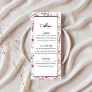 Minimalistyczny szablon menu | Projekt karty menu kolacji kwiatowej | Eleganckie edytowalne menu na wesela, wieczory panieńskie, baby shower i imprezy