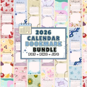 2026 kalender bladwijzerbundel pdf png jpg | 12-maandelijkse minikalenderontwerp | Leuke houder voor dagelijkse datumpagina's | Cadeau voor Book Reader & Organizer