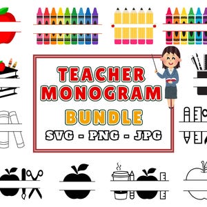 Lehrer geteiltes Monogramm SVG PNG JPG Bündel | Zurück in die Schule Designs für Sublimationen | Personalisierte Lehrer Name Monogramm | Geschenke für Lehrer