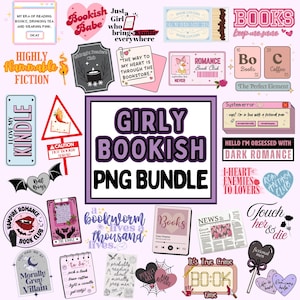 Girly Bookish PNG Bundle | Stickers for Book Lovers | Booktok Girlie PNG| Cute Bookish | Printables for Planner Journal, Laptop & Notebook image 1