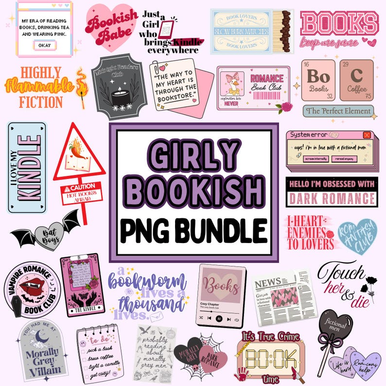 Girly Bookish PNG Bundle | Stickers for Book Lovers | Booktok Girlie PNG| Cute Bookish | Printables for Planner Journal, Laptop & Notebook image 1