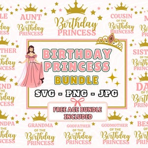 Verjaardag prinses familie SVG PNG JPG bundel met gratis leeftijdsbundel | Bijpassend familieontwerp voor sublimatie | Cadeau voor haar | Roze en goud-thema