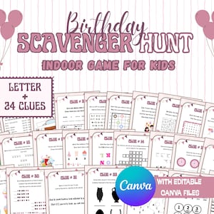 Geburtstags-Schnitzeljagd Indoor Spiel PDF für Teens | 24 Hinweise-Kartenspiel | Anpassbare Schatzsuche Spiel | Druckbares Puzzle-Spiel für Partys
