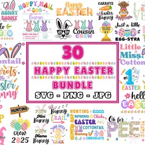 Paquete SVG PNG JPG de Feliz Pascua / Diseños de siluetas de moda de conejito de Pascua y Clip Art para sublimaciones / Archivos para Cricut / Mi primera Pascua