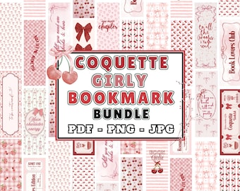 Coquette Girly Bookmark Bundle PDF PNG JPG | 20 Cute & Colorful Bookmark Printable designs | Gift for Book Readers | Romantic Coquette Vibes