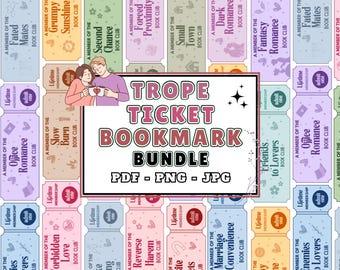 Romance Trope Ticket Bookmark Bundle PDF PNG JPG | 20 Unique Colourful Bookmark Printable designs | Cute Page Holder | Gift for Book Readers