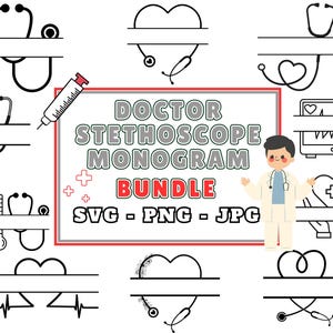 Stethoscoop gesplitst monogram SVG PNG JPG bundel | Aangepast medisch stethoscoopontwerp voor sublimatie | Gepersonaliseerd cadeau voor artsen en verpleegkundigen
