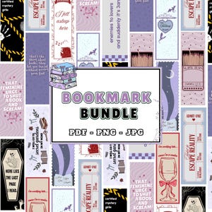Könnte beinhalten: Ein Bundle aus druckbaren Lesezeichen mit verschiedenen Designs und Texten. Die Lesezeichen zeigen Zitate, Illustrationen und Sätze wie "Escape Reality" und "Bookmark Bundle". Die Farbpalette umfasst Lila, Rosa und Weiß.