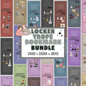 May include: A digital collection of vertical locker-themed bookmarks featuring various romance tropes. Each bookmark displays unique icons, labels like Horror Romance Girly or Dark Academia Girly, and the central text Locker Trope Bookmark Bundle PDF PNG JPG.