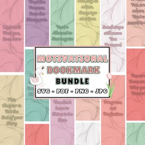 May include: A motivational bookmark bundle with various designs and inspirational quotes. The image features a collection of colorful bookmarks with wavy line patterns and text like "Trust the Process" and "Small steps still move you forward."