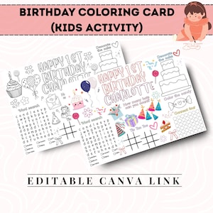Jogo de colorir para crianças com atividades de aniversário | Página de rabiscos editável para impressão | Artesanato divertido para lembrancinhas de festa | Modelo de cartão comemorativo