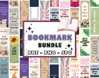 Bookmark PDF PNG JPG Bundle | 20 Bookmark Printable designs | Gift for Book Readers | Page Holder ClipArt | Clean Reading Quotes on Bookmark