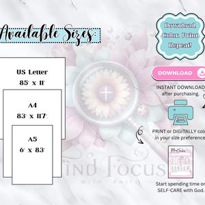 May include: Printable digital download of a self-care planner with the text "Mind Focus with Faith" and "Start spending time on SELF-CARE with God." The planner is available in three sizes: US Letter (8.5 x 11 inches), A4 (8.3 x 11.7 inches), and A5 (6 x 8.3 inches).