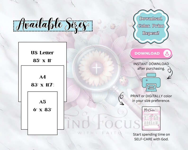 May include: Printable digital download of a self-care planner with the text "Mind Focus with Faith" and "Start spending time on SELF-CARE with God." The planner is available in three sizes: US Letter (8.5 x 11 inches), A4 (8.3 x 11.7 inches), and A5 (6 x 8.3 inches).