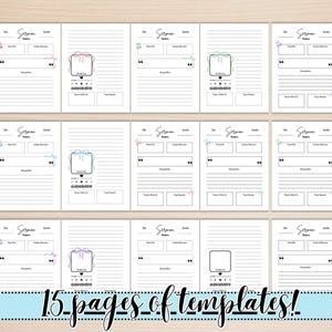 May include: Printable sermon notes template with 15 pages. Each page has a different design with a ribbon and a box for writing notes. The pages are white with black lines.