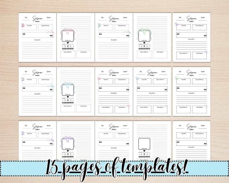 May include: Printable sermon notes template with 15 pages. Each page has a different design with a ribbon and a box for writing notes. The pages are white with black lines.