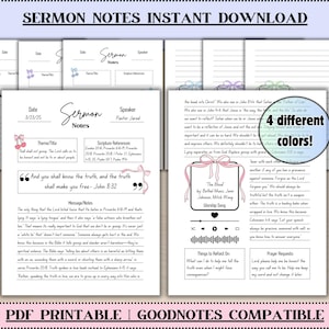 Könnte beinhalten: Druckbare Predigtnotizen-Vorlage mit einem Farbschema in Rosa, Blau, Grün und Lila. Die Vorlage enthält Abschnitte für Datum, Sprecher, Thema, Bibelstellen, Notizen zur Botschaft, Reflexionspunkte und Gebetsanliegen. Der Text "Und ihr werdet die Wahrheit erkennen, und die Wahrheit wird euch frei machen - Johannes 8,32" ist in einem rosa Kasten mit Anführungszeichen dargestellt. Die Vorlage ist mit Goodnotes kompatibel.