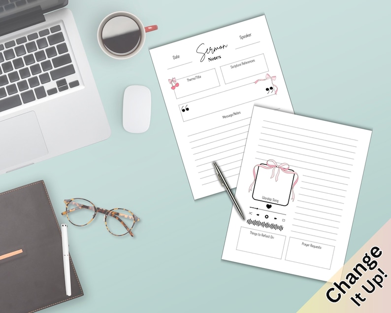 May include: Printable sermon notes template with a pink ribbon and a heart design. The template includes sections for the date, speaker, theme title, scripture references, message notes, worship song, steps to reflect on, and prayer requests.