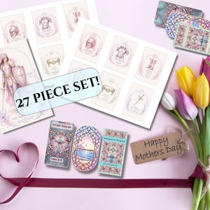 May include: A 27-piece set of watercolor art prints and cards. The prints feature illustrations of armor and a woman in armor. The cards have stained glass designs and the text "Soft heart, strong faith" and "Happy Mothers Day". A bouquet of tulips is also present.
