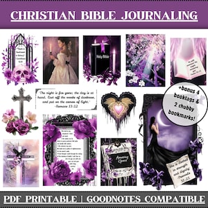 May include: A set of printable digital stickers for Bible journaling. The stickers feature a variety of images, including crosses, flowers, hearts, and angels. The stickers are designed in a purple and black color scheme and include quotes from the Bible.