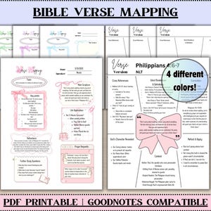 May include: Printable Bible verse mapping worksheet with a pink and white bow design. The worksheet includes sections for key points, life applications, reflections, further study questions, prayer requests, God's character revealed, cross references, word breakdown, translation, and reflect and reply. The worksheet is compatible with Goodnotes.