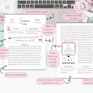 May include: A printable sermon notes page with pink accents. The page includes sections for the date, speaker, theme, scripture references, bible verses to remember, message notes, a quote, a favorite worship song, things to reflect on, and prayer requests. The text "And you shall know the truth, and the truth shall make you free - John 8:32" is included in a pink speech bubble.