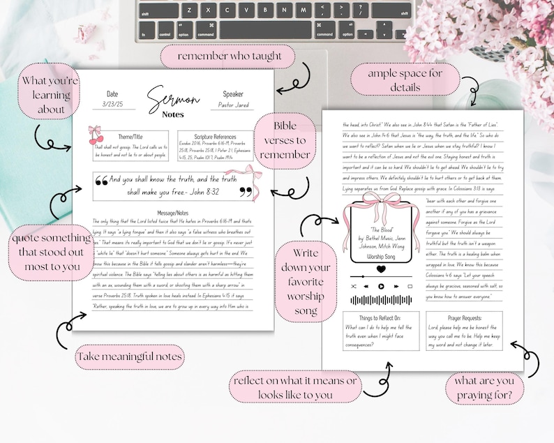 May include: A printable sermon notes page with pink accents. The page includes sections for the date, speaker, theme, scripture references, bible verses to remember, message notes, a quote, a favorite worship song, things to reflect on, and prayer requests. The text "And you shall know the truth, and the truth shall make you free - John 8:32" is included in a pink speech bubble.