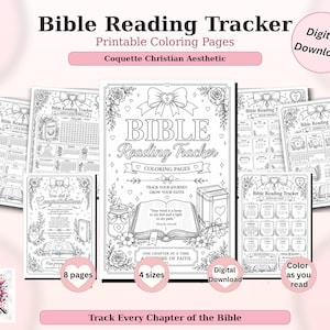 May include: A collection of printable Bible Reading Tracker coloring pages. The pages feature floral and bow designs, with text that reads "Bible Reading Tracker" and "Track Your Journey, Grow Your Faith." Includes the text "Digital Download."