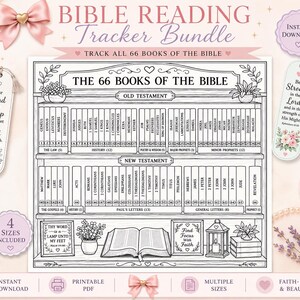 Puede incluir: Un paquete de seguimiento de lectura bíblica con un diseño floral. La imagen incluye un PDF imprimible con un diseño de estantería para rastrear los 66 libros de la Biblia, junto con marcadores decorativos. El texto incluye "Los 66 libros de la Biblia".