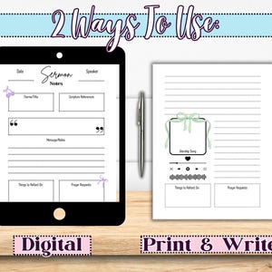 May include: A digital printable sermon notes template with two options: a digital version for use on a tablet or computer and a printable version for writing notes by hand. The template includes sections for date, speaker, theme, scripture references, message notes, things to reflect on, and prayer requests.