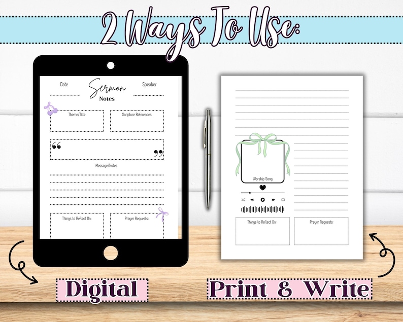 May include: A digital printable sermon notes template with two options: a digital version for use on a tablet or computer and a printable version for writing notes by hand. The template includes sections for date, speaker, theme, scripture references, message notes, things to reflect on, and prayer requests.