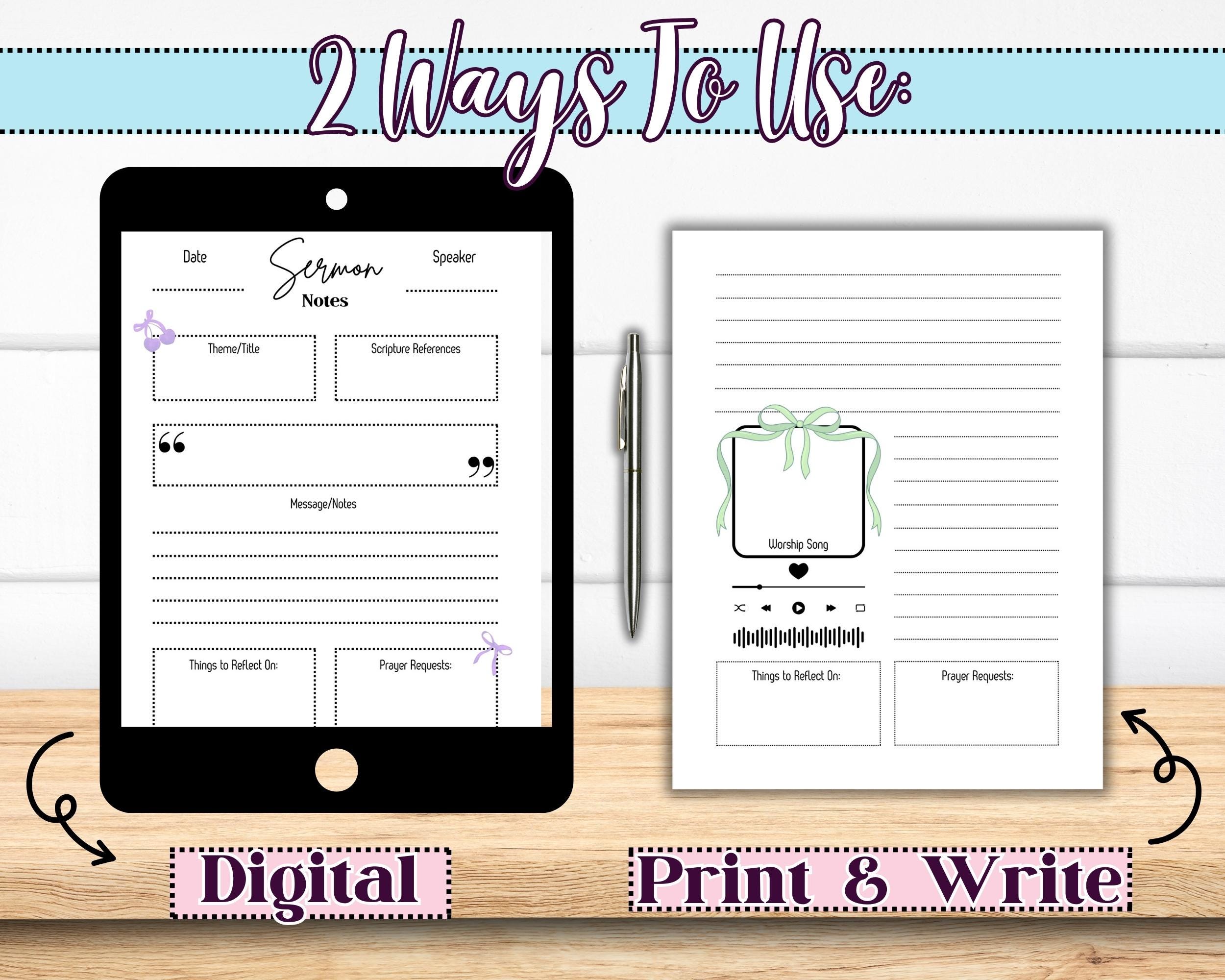 Sermon Note Bible Study Journal Page Coquette Bow Digital Journal ...