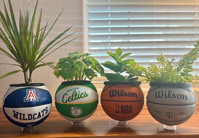 May include: Four basketball-themed planters, each with a different team logo and filled with greenery. The planters are made from basketballs, with the logos of the Wildcats, Celtics, NBA, and Wilson. The planters are on a wooden surface.
