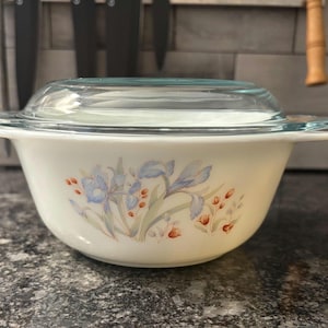 Vintage PYREX Blue Iris Casserole Dish with Lid | Mid-Century Bakeware